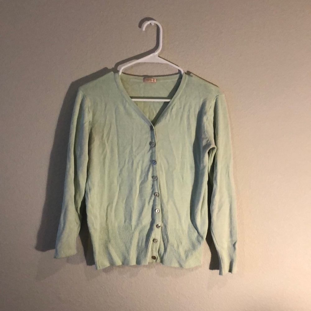 Pastel Green Cardigan with Gray Buttons
